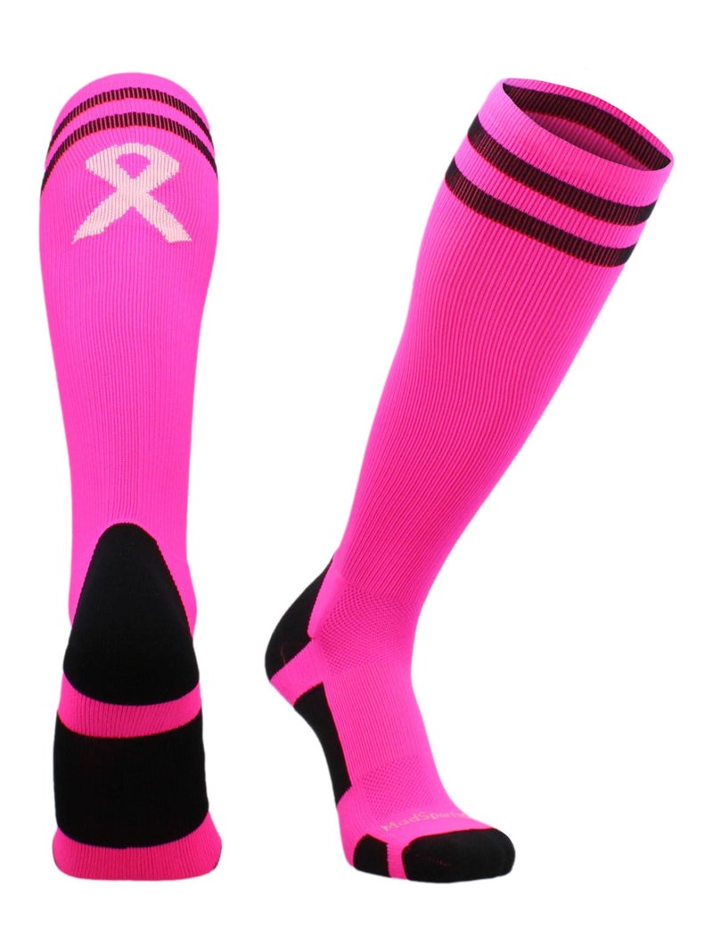 MadSportsStuff Breast Cancer Awareness Socks with Stripes (Neon Pink/Pale Pink, Medium) - Image 1